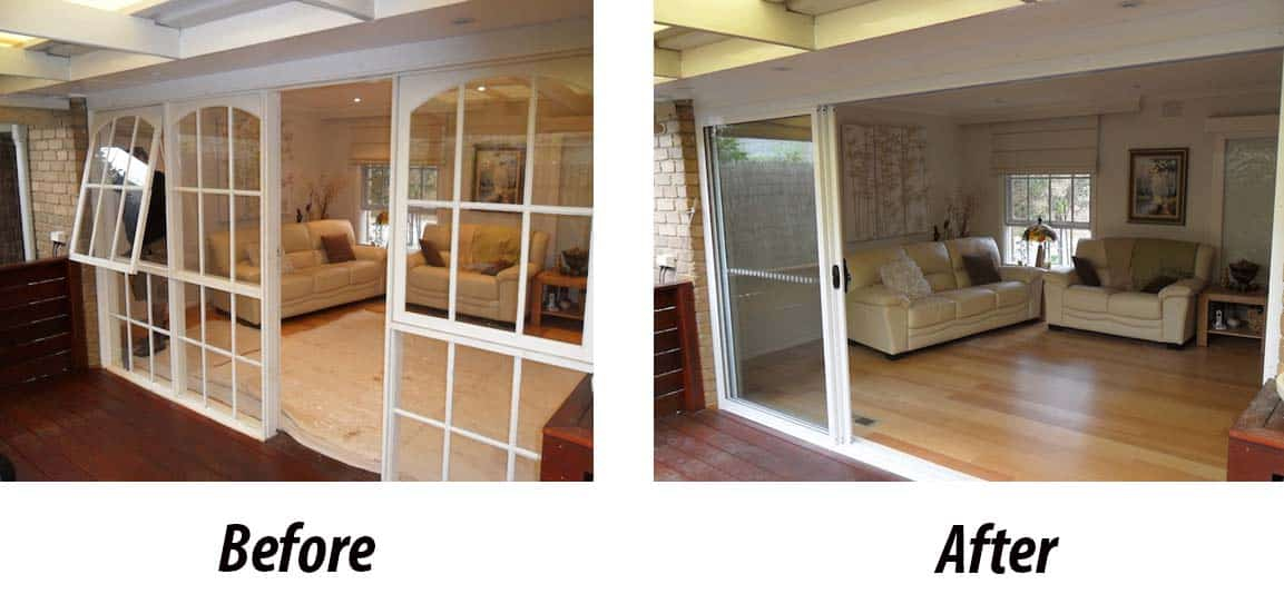 Before and after installation of Aluminium Stacker doors in Melbourne