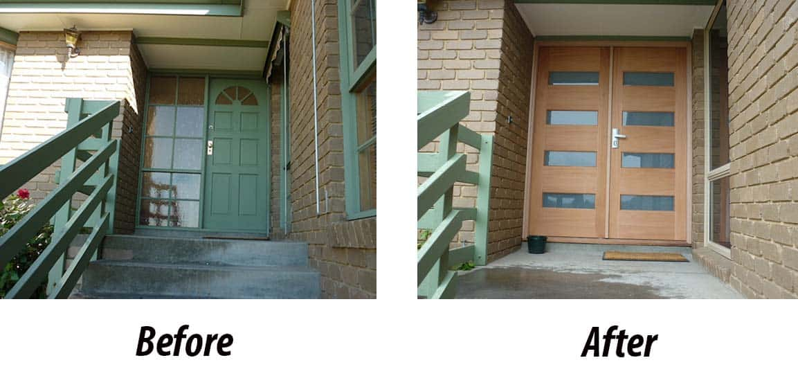 Before and after installation of Timber Double Entry doors in Melbourne