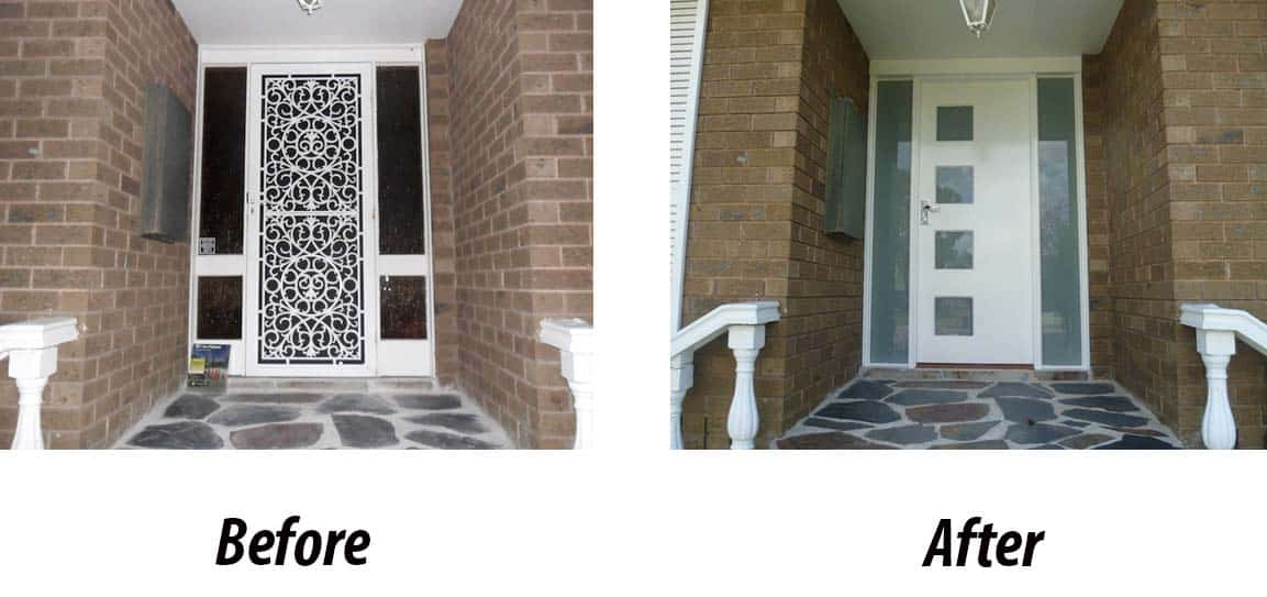 Before and after installation of Timber Single Entry With Sidelights in Melbourne