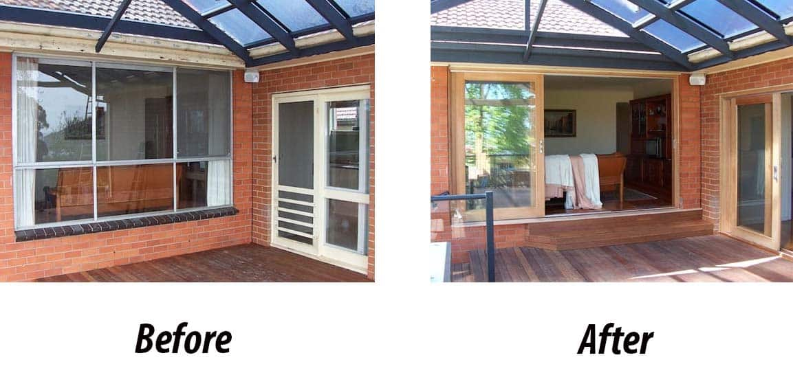 Before and after installation of Timber Stacker doors in Melbourne