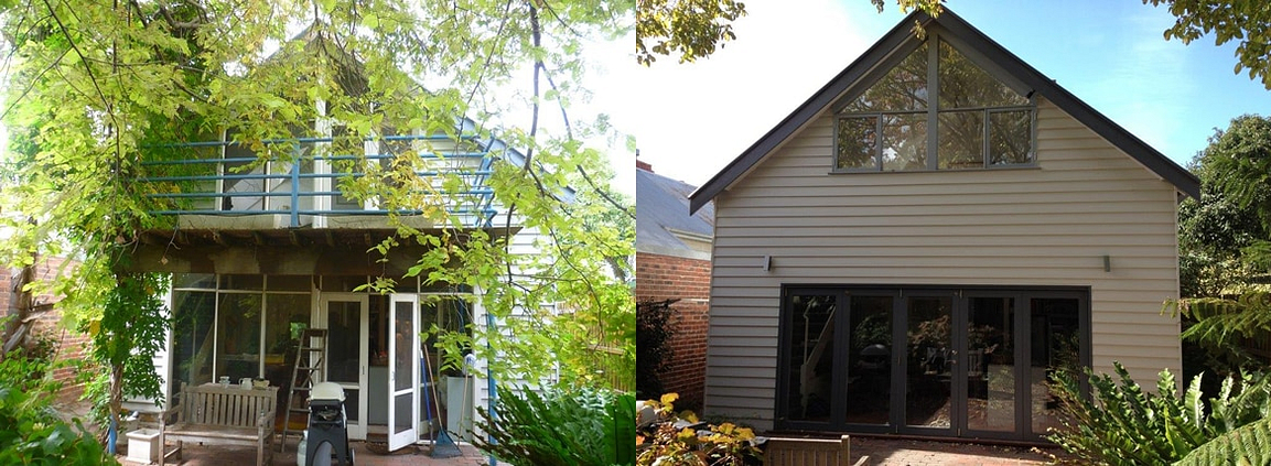 Before and after installation of Timber Bifold doors in Melbourne